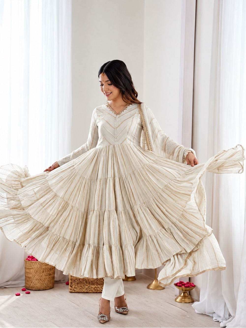 Designer Ivory Tiered Women's
Wear Ruffle Gown Indian Salwar Suit Set Medium